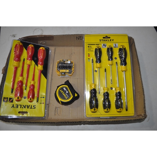 17 - TRAY OF NEW TOOLS INC NEW STANLEY DRIVERS, TAPE MEASURE AND DEWALT PZ2 BIT SET