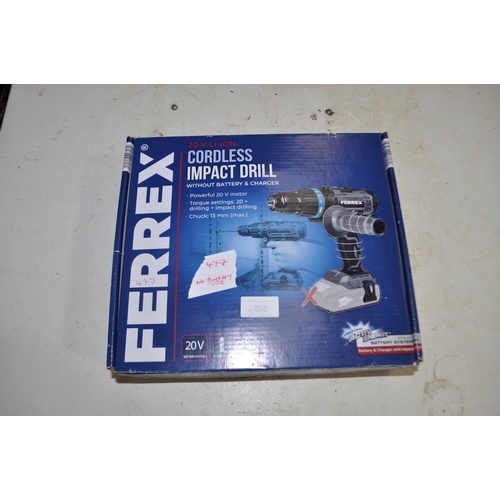 50 - BOXED FERREX CORDLESS IMPACT DRILL,  NO BATT OR CHARGER