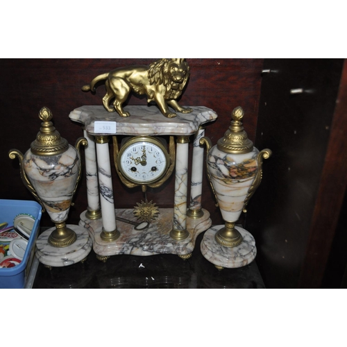 533 - ANTIQUE REPRO SOLID MARBLE AND CAST MANTLE CLOCK WITH GARNITURES. FULLY WORKING