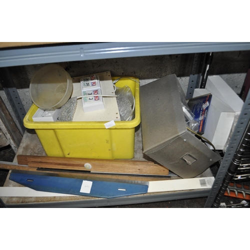 33 - SHELF CONTAINING SWITCHES, CUTTERS, DOOR CHIMES, METRE STICK AND MORE