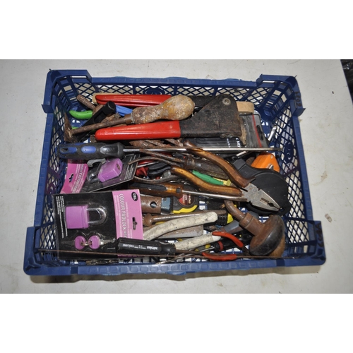 47 - TRAY OF TOOLS INC PLYERS, SCREDRIVERS, PADLOCK AND KEYS ETC