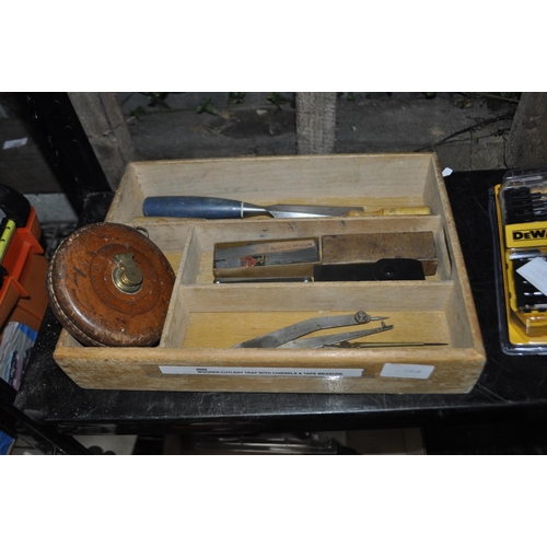 64 - WOODEN CUTLERY TRAY WITH CHISEL AND TAPE MEASURE