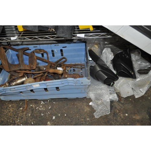 69 - SHELF OF MOTORBIKE PARTS AND LARGE CRATE OF CAST METAL TOOLS AND SHOELAST A/F