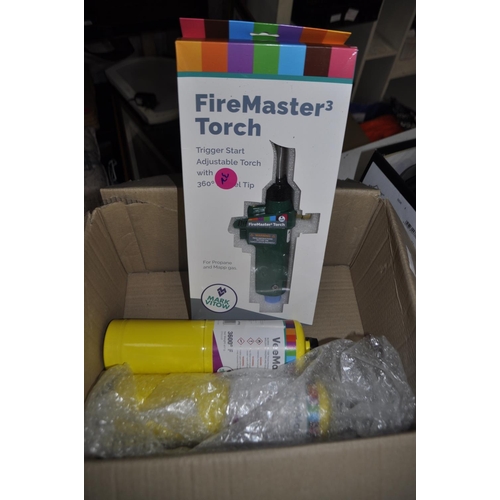 345 - BOXED FIREMASTER TORCH HEAD AND 2 NEW CANNISTORS