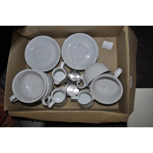 182 - BOX OF MIXED CUPS, SAUCERS AND MILK JUGS