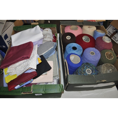 193 - BOX OF CRAFT MATERIALS AND PATCHES, PLUS A BOX CONTAINING 12 LARGE MIXED COLOUR WOOL CONES