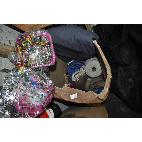 204 - LARGE BOX OF UPHOLSTERY FABRIC PIECES, PATCHES, MATERIALS AND CRAFT GIFT BASKETS AND WOOL ETC.