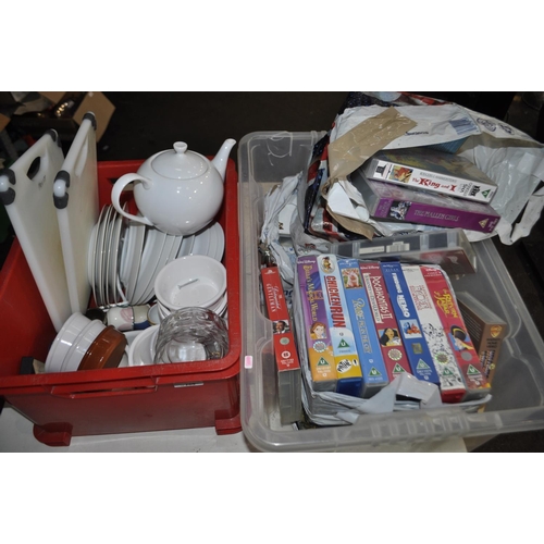 269 - BOX OF MIXED KITCHEN WARE INC. SINGLE SERVING PIE DISHES. BOX OF COLLECTABLE VHS VIDEOS INC. WALT DI... 