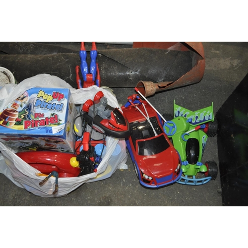 298 - BAG OF MIXED TOYS INC. TOY STORY RC CAR, SPIDERMAN RC CAR, BATMAN AND SPIDERMAN FIGURES