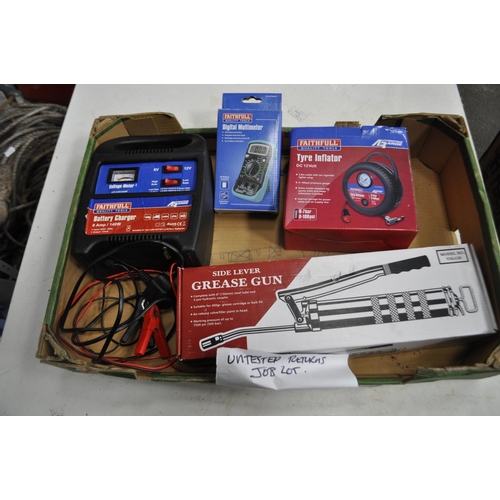 100 - UNTESTED CATALOGUE RETURNS INC BATTERY CHARGER, TYRE INFLATOR, LARGE GREASE GUN ETC