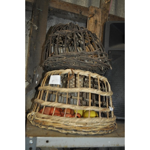 104 - PAIR OF VINTAGE WICKER LOBSTER POTS AND OLD FLOATS