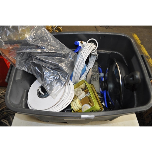 107 - LARGE BOX OF MIXED HOUSEHOLD ITEMS INC. PLATE STANDS, COAXIAL CABLE, LARGE LIDDED FRYING PAN, PLANT ... 