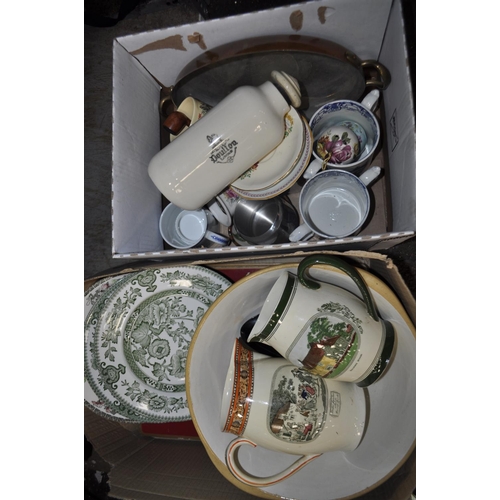 115 - 2 X BOXES OF COLLECTIBLE CERAMICS INC. LARGE MIXING BOWL, DECORATIVE JUGS, DOULTON CERAMIC HOT WATER... 