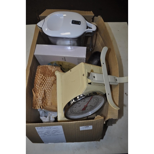 129 - BOX OF KITCHEN HOME WARE, CONTAINING BRITA WATER FILTER, CERAMIC BUTTER DISHES, HANSON CREAM KITCHEN... 