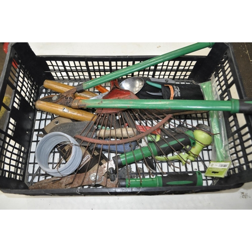 13 - BOX OF MIXED GARDEN TOOLS INC. RAKE HEAD, SHEARS, LOPPER ETC