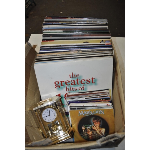 135 - BOX OF LP RECORDS AND SINGLES INC MARILLION, HITS OF THE 70'S ETC AND A CARRIAGE CLOCK