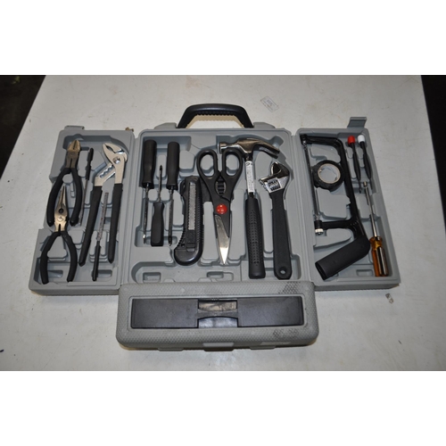 141 - BOXED TOOL KIT CONTAINING HAMMER, PIPE GRIPS, PLIERS, SCREWDRIVERS ETC. APPEARS COMPLETE