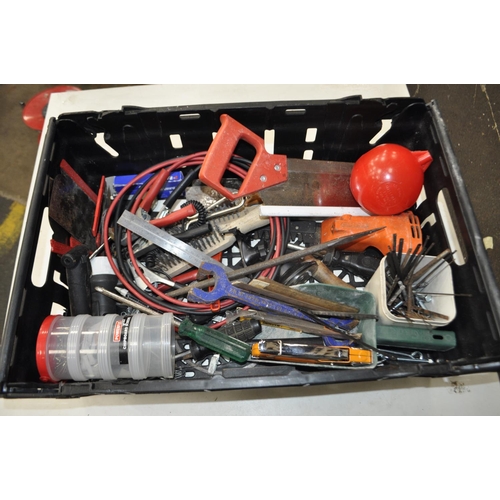 15 - LARGE BOX OF MIXED TOOLS INC. STAPLE GUN, JUMP LEADS, SAW BLADES AND OTHER HARDWARE