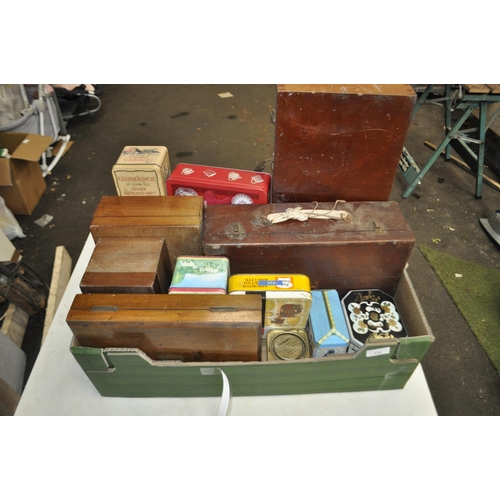 155 - BOX OF VINTAGE TINS AND WOODEN BOXES