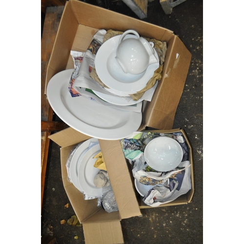 159 - 3 X BOXES OF MATCHING WHITE CROCKERY INC TEAPOT