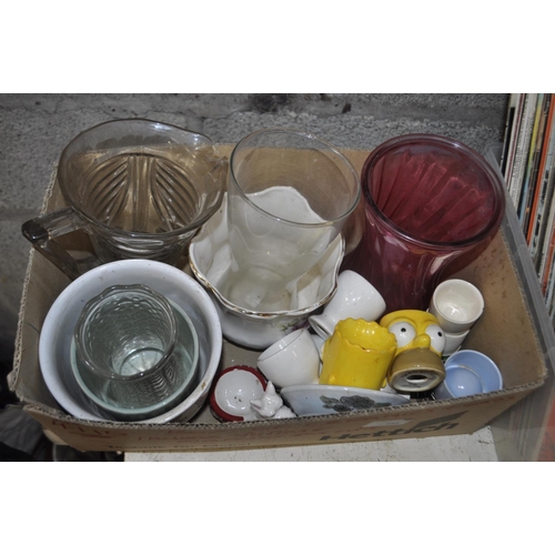 161 - BOX INC CRANBERRY COLOURED VASE, AND VINTAGE GLASS WATER JUG ETC