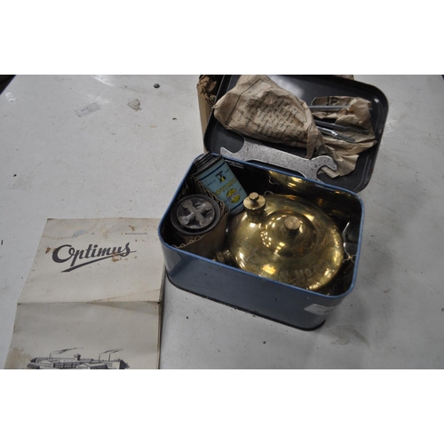 22 - VINTAGE ORIGINAL OPTIMUS NUMBER 00 BRASS KEROSENE CAMPING STOVE, WITH PAPERWORK AND ORIGINAL OIL CAN... 