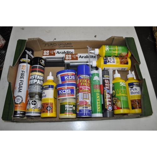 27 - BOX OF NEW BUILDING ADHESIVES / FIXING ITEMS INC FIRE FOAM, GUTTERING AND FLASHING REPAIR SPRAY, WOO... 