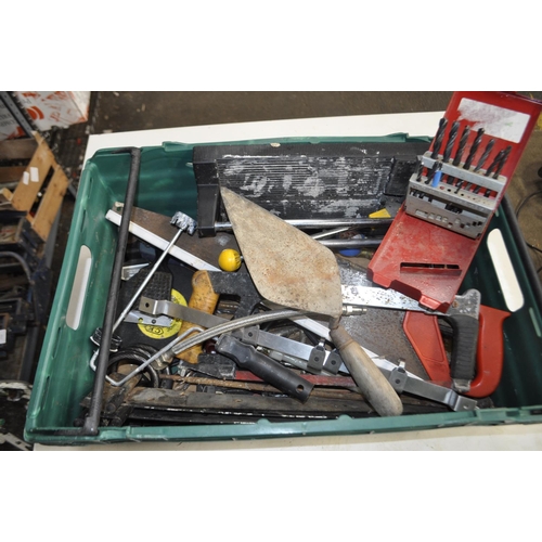 35 - LARGE BOX OF VINTAGE TOOLS INCLUDING RECORD 18 CAST PIPE WRENCH AND LARGE GATE HINGES ETC.