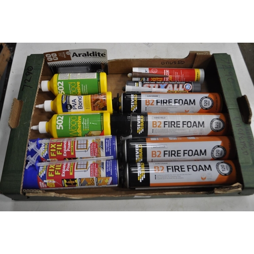 48 - QUANTITY OF UNUSED EXPANDING FOAMS AND WOOD ADHESIVE ETC