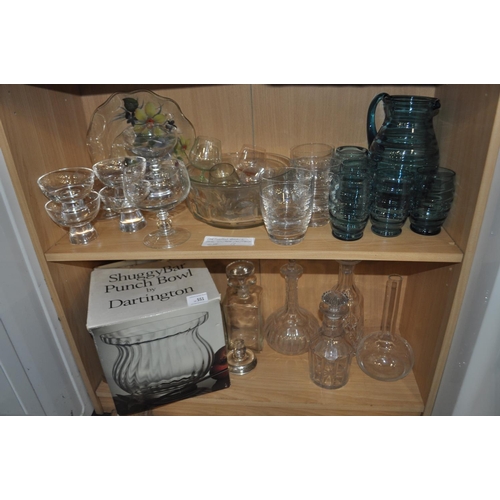 551 - LARGE BOXED DARTINGTON PUNCH BOWL PLUS 2 X SHELVES OF OTHER MIXED GLASSWARE