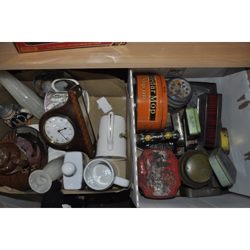 552 - 2 X BOXES OF COLLECTIBLE TINS, CLOCK, DOULTON TEAPOT AND PAIR OF ONYX BUD VASES