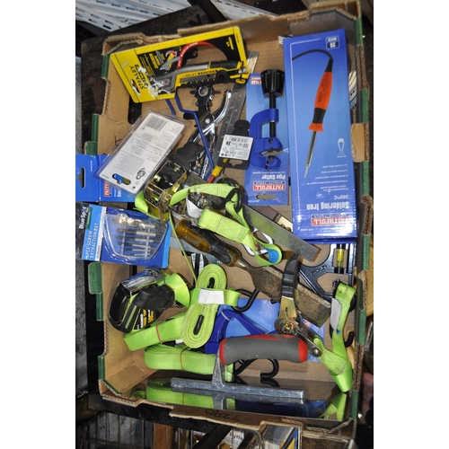 56 - SELECTION OF NEW TOOLS AND ACCESSORIES INC PADLOCK, TAPE MEASURES, RATCHET STRAPS AND SOLDERING IRON... 