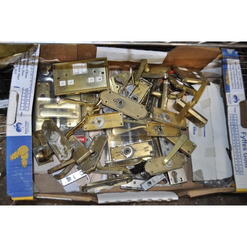 70 - LARGE SELECTION OF MIXED BRASS DOOR HANDLES, 240V DOUBLE SOCKETS ETC.