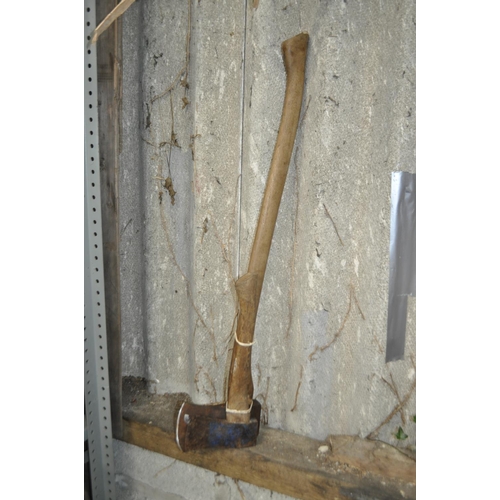 75 - LARGE TWO-HANDED HICKORY HANDLED AXE WITH A SMALL HAND AXE. NICE AND SHARP!