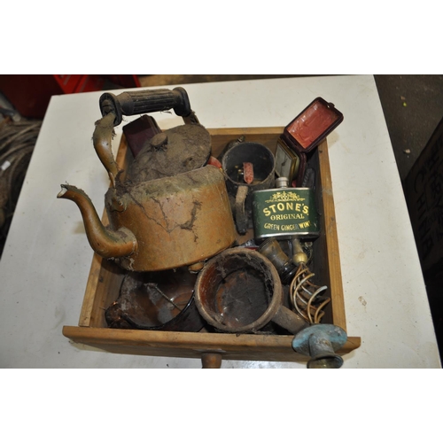 99 - DRAWER OF VERY DUSTY ITEMS INC COPPER KETTLE, BRASS CANDLESTICK, PEWTER JUG, AND ADVERTISING HIP FLA... 