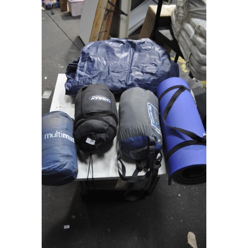 106 - 3 CASED SLEEPING BAGS, CAMPING MAT AND AIRBED