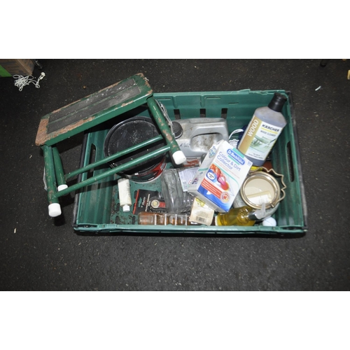 142 - A LARGE BOX OF MISC INCLUDING WHITE SPIRIT, KARCHER WOOD CLEANER, GROUT AND FOLDING STEPS