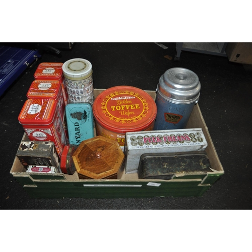 345 - COLLECTION OF VINTAGE TINS AND BRANDED THERMOS FLASK ETC