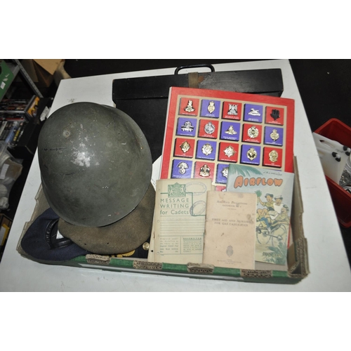 346 - WW2 ARMY SLASH NAVY MILITARY ITEMS, BOOKLETS, BERRET AND TURTLE HELMET