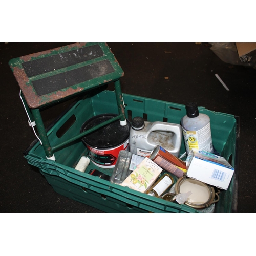 142 - A LARGE BOX OF MISC INCLUDING WHITE SPIRIT, KARCHER WOOD CLEANER, GROUT AND FOLDING STEPS