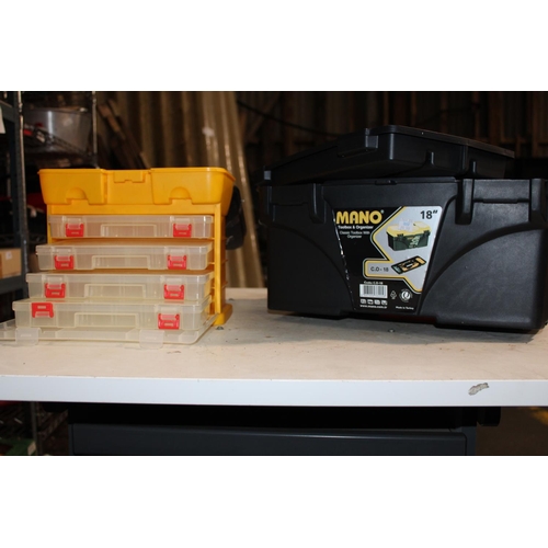 27 - 2 X BLACK AND YELLOW PLASTIC TOOL BOXES / ORGANISERS