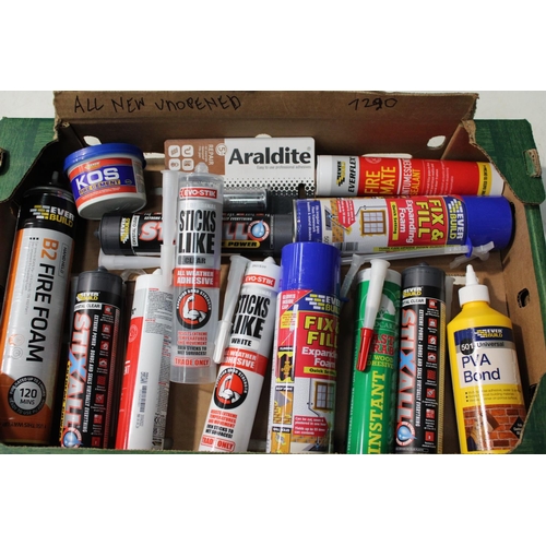 32 - QUANTITY OF MIXED SOLVENTS AND SEALERS INCLUDING EXPANDING FOAM, STICKS LIKE S***, ARALDITE AND OTHE... 