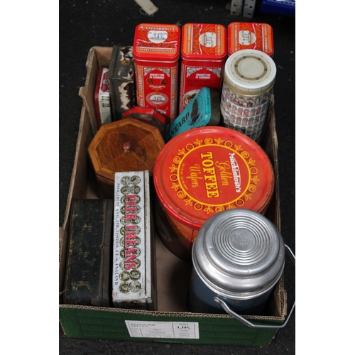 345 - COLLECTION OF VINTAGE TINS AND BRANDED THERMOS FLASK ETC