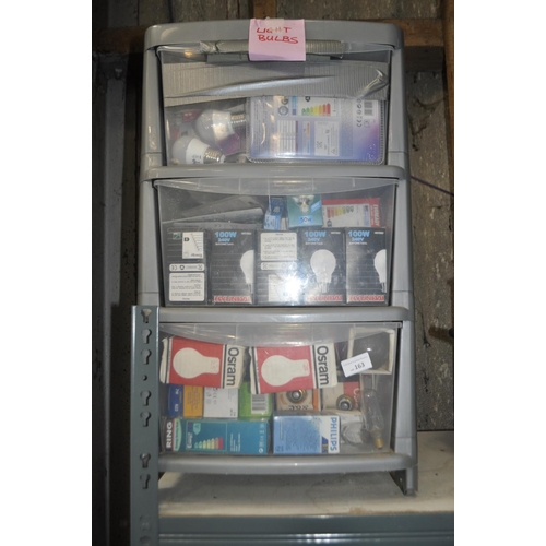 163 - LARGE SELECTION OF ENERGY SAVING BULBS PLUS RARE 100W BULBS AND A 3 DRAWER PLASTIC CHEST CONTAINER