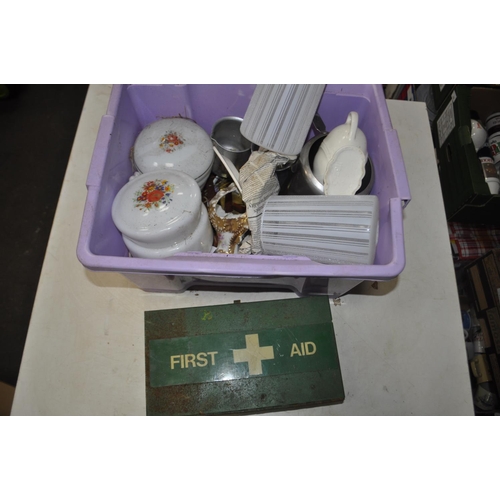 342 - BOX CONTAINING VINTAGE GLASS LIGHT SHADES, AND A VINTAGE METAL FIRST AID TIN