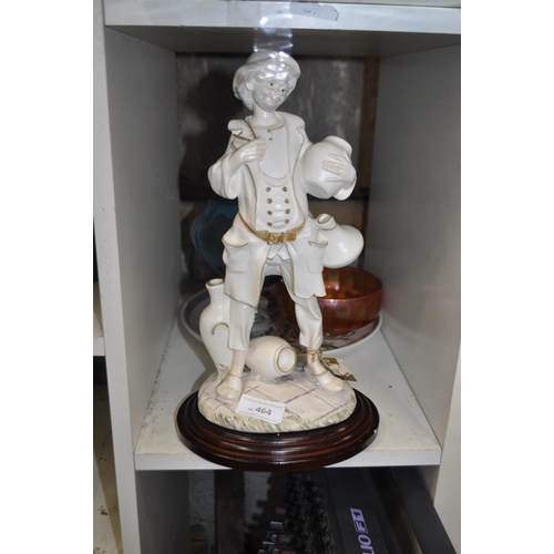 464 - DENBY PLATE, COLOURED GLASSWARE AND FIGURINE OF A DRUNKEN FELLOW