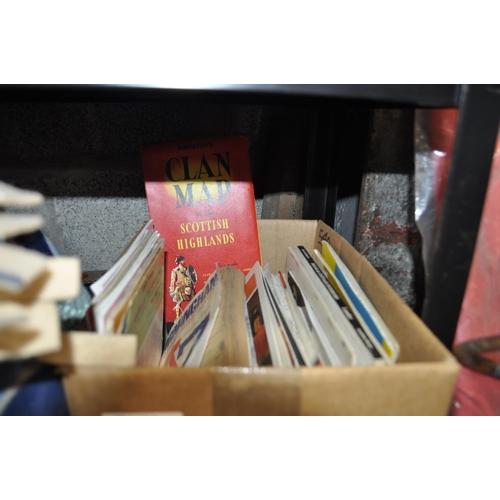 474 - BOX OF BOOKS, MAPS ETC AND A BOX OF 9 X NEW MULTI COLOURED GLASS TUMBLERS