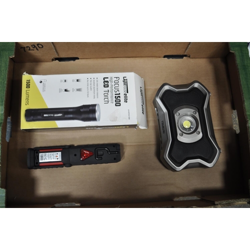 133 - BOX INC FAITHFULL LED LAMP WITH BLUETOOTH, LED BOXED TORCH PLUS ONE OTHER