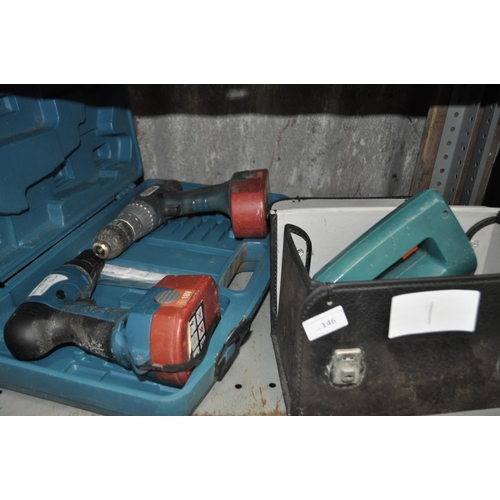 146 - CASED BLACK AND DECKER ELECTRIC JIGSAW AND 2 X 18V CORDLESS DRILLS IN CASE - UNTESTED