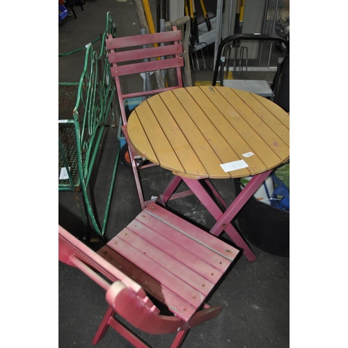 186 - EXTERNAL CIRCULAR GARDEN TABLE AND TWO MATCHING WOODEN CHAIRS`